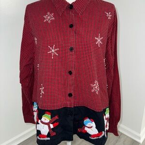 Lemon Grass Christmas Shirt XL‎ Red Black Check Snowman Embroidered Cotton